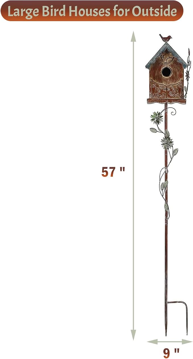 Baroque Cottage Bird House Stake for Outside with Pole, Distressed Metal Birdhouse Stand for Outdoor Garden,Purple