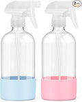 Worldgsb 2 Pack Glass Spray Bottles with Silicone Sleeve, 16 oz Empty Refillable Containers with Adjustable Spray Nozzles, Spray Bottles for Hair, Cleaning Solutions and Plants Blue&Pink