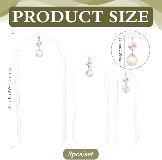 BENECREAT 3 Pack U-Shaped Acrylic Plant Trellis, 3 Size Small Plant Trellis for Potted Plants with Crystal Suncatcher for Home Window Garden, 205~310mm Long