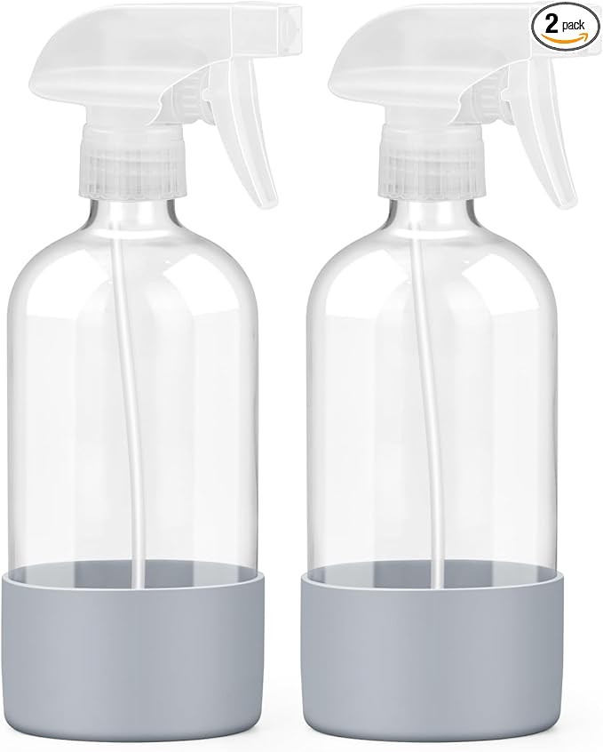 Worldgsb 2 Pack Glass Spray Bottles with Silicone Sleeve, 16 oz Empty Refillable Containers with Adjustable Spray Nozzles, Spray Bottles for Hair, Cleaning Solutions and Plants