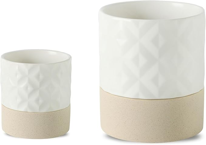 Nihow Self Watering Plant Pot for Indoor Plants: 4.5+6 Inch Ceramic Planter with Drainage Hole & Water Storage Plus - Cylinder Flower Pot with Wick for Herbs - Matte White & Brown Star