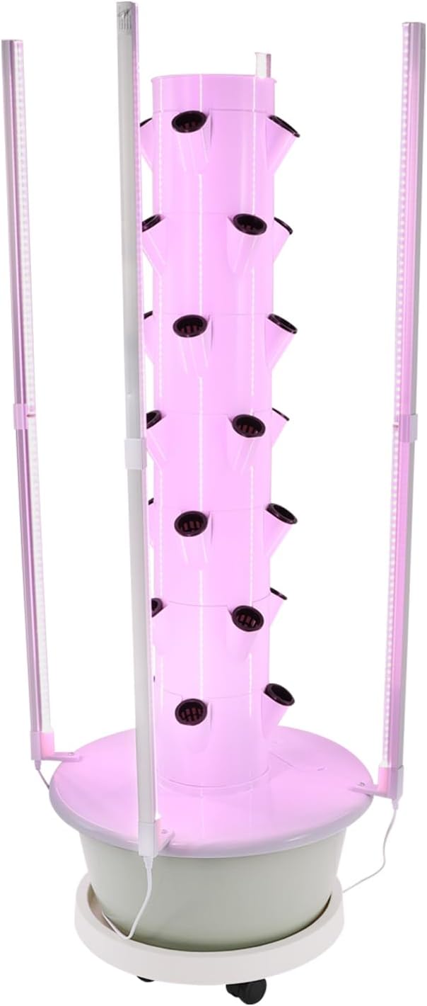 Growing Tower, 28-Plant Hydroponic Indoor Vertical Garden Kit with LED Lighting and 24-Hour Cycle Timer, Hydroponics Growing Tower for Gardens, Farms, School Research Rooms (White and Light Green)