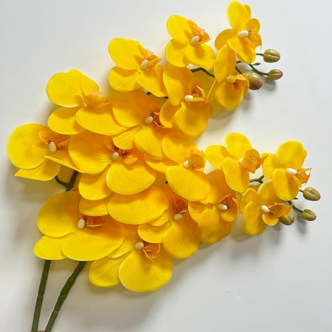 2 Pcs Orchid Stems 38" Artificial Flowers Real Touch Latex Faux Phalaenopsis Branches White Artificial Flowers for Wedding Party Home Garden Decor (Yellow)