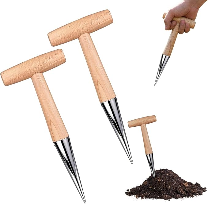 Hand Dibber Seed Dibber, Hand Dibber Garden Tool Bulb Planter Tool with Wooden Handle, Seed Planting Tool Plant Hole Digger for Garden Seeds Bulbs Flowers Tulips Daffodils Vegetables (2pcs)