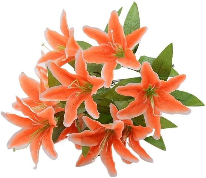 Fake Flower Simulation Flower 10 Lily Bouquet Orchid Perfume Lily Living Room Flower Arrangement Props Plastic Silk Flower(Orange)