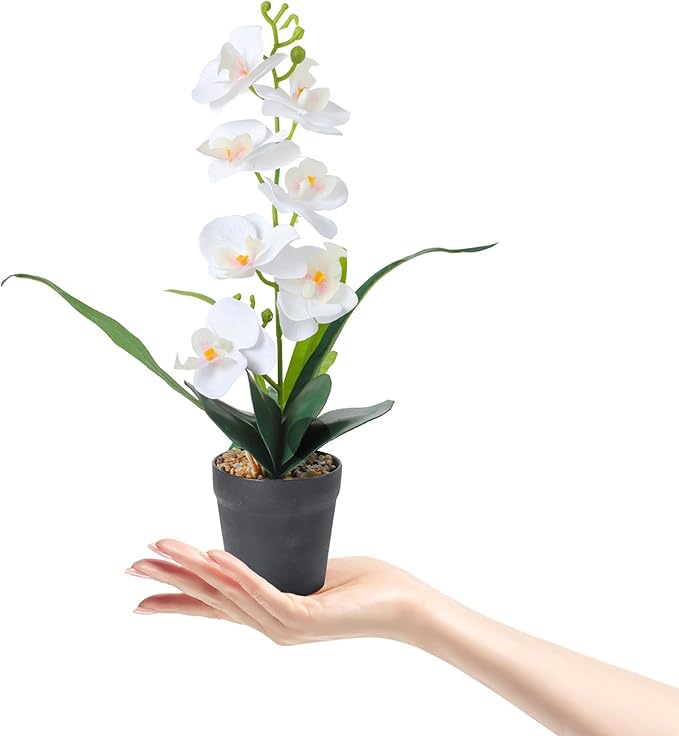 White Artificial Orchids Flowers in Pot, Faux Orchids Fake Flowers Potted Plants Real Touch Phalaenopsis Orchids Table Centerpiece for Home Living Room Bathroom Office Decor