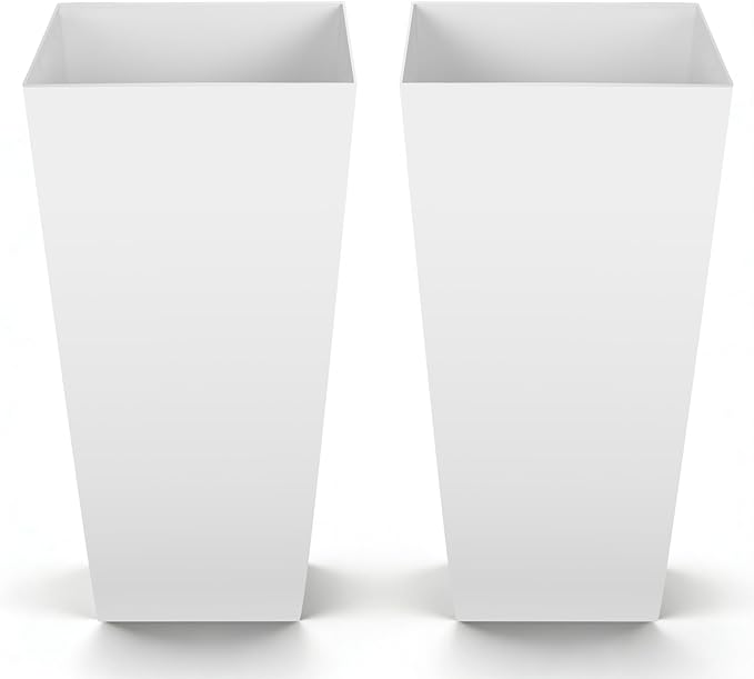 VEVOR 26 Inch Tall Planter Set of 2, Outdoor Large Tall Planters for Outdoor Indoor Plants, White Tapered Planter for Front Porch, Patio, Garden, Plant Container Flower Pots with Built-in Drainage