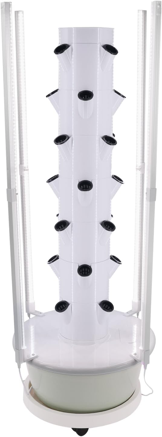 Growing Tower, 28-Plant Hydroponic Indoor Vertical Garden Kit with LED Lighting and 24-Hour Cycle Timer, Hydroponics Growing Tower for Gardens, Farms, School Research Rooms (White and Light Green)
