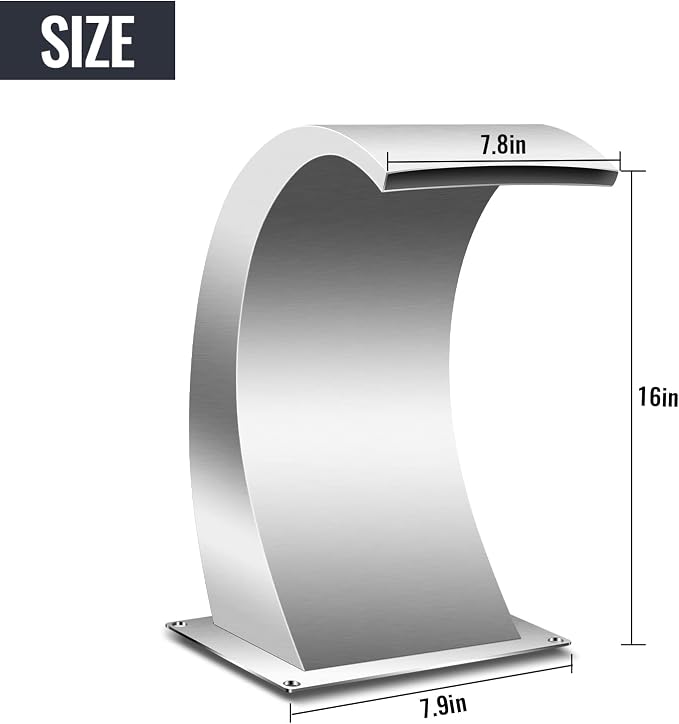 Pool Waterfall Fountains, Stainless Steel Rectangular Pool Waterfall Spillway with Pipe Connector for Indoor/Outdoor Decorative (7.9 Inch)