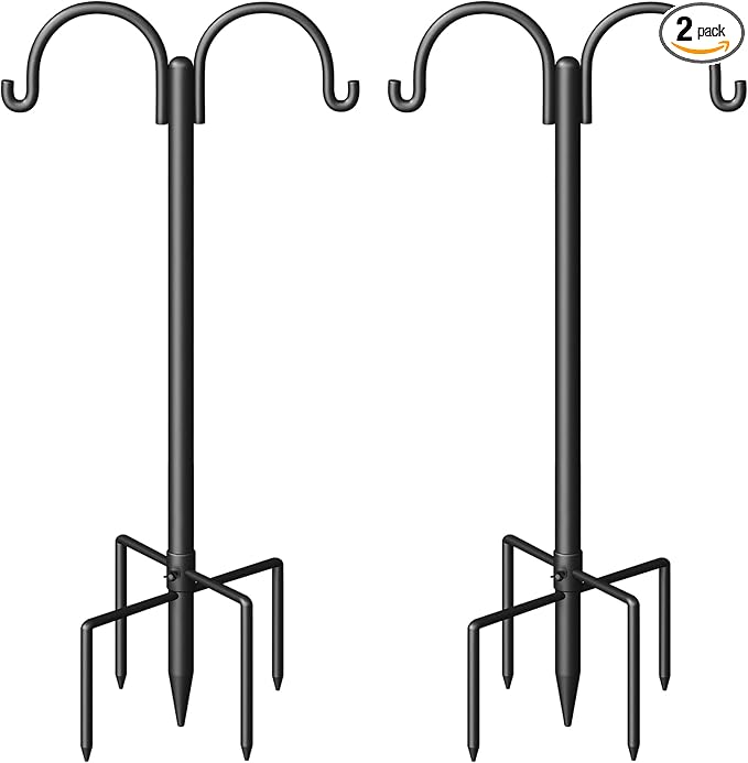 Double Shepherds Hooks for Outdoor, Heavy Duty Bird Feeder Pole with 5-Prong Base - Rust-Proof, Adjustable Bird Feeder Hanger for Garden, Wedding Decor & Hanging Plants