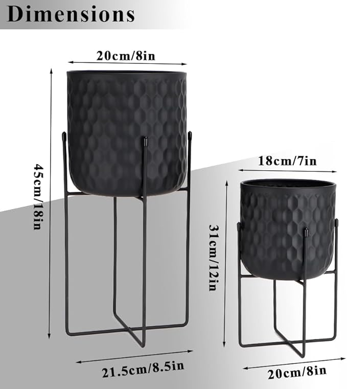 TRIROCKS Set of 2 Metal Planters with Stand, Small Indoor Plant Pots 8 * 18 &7 * 12" Modern Decorative Flower Pots for Living Room, Entryway, Office, Balcony(Black)