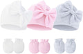 Newborn Baby Hats Mittens Sets Bow Infant Caps Gloves No Scratch Mitten Beanie Set for 0-6 Months Girls