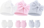 Newborn Baby Hats Mittens Sets Bow Infant Caps Gloves No Scratch Mitten Beanie Set for 0-6 Months Girls