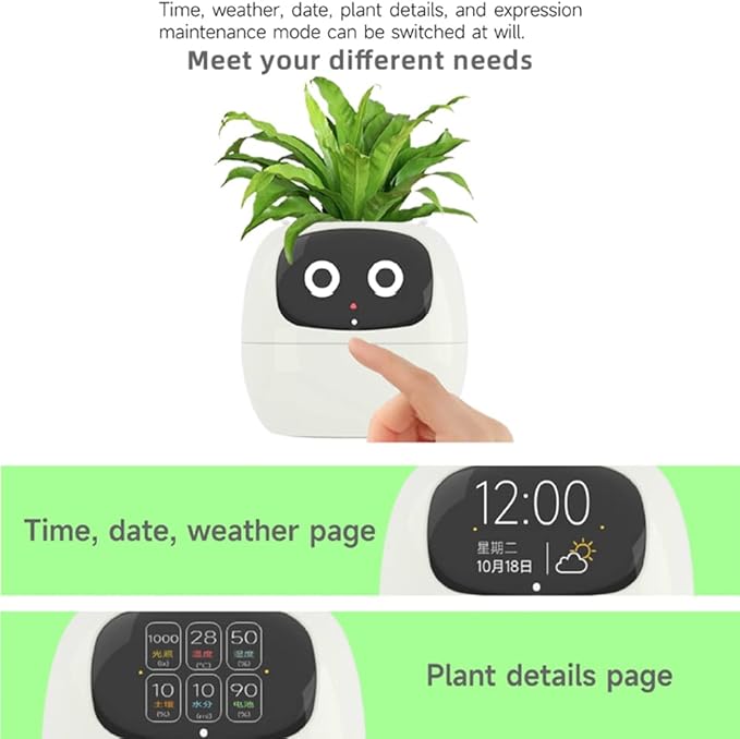 Smart Pet Planter, Smart Plant Pot, With Artificial Intelligence, Time Weather Display, And Multiple Expressions Animation,Lovely Plant Companion, For Desktop Decoration, Gifts,Plant-Free (Green)