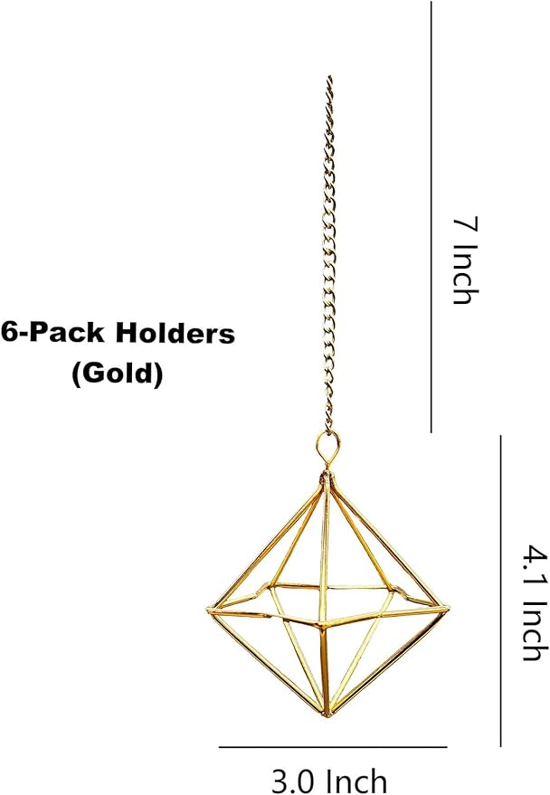 6 Pack Gold Diamond Hanging Air Plant Holders with Chains, Small Unique Metal Air Plants Live Holders for Tillandsia and Air Ferns, Indoor Hanging Planter Decor