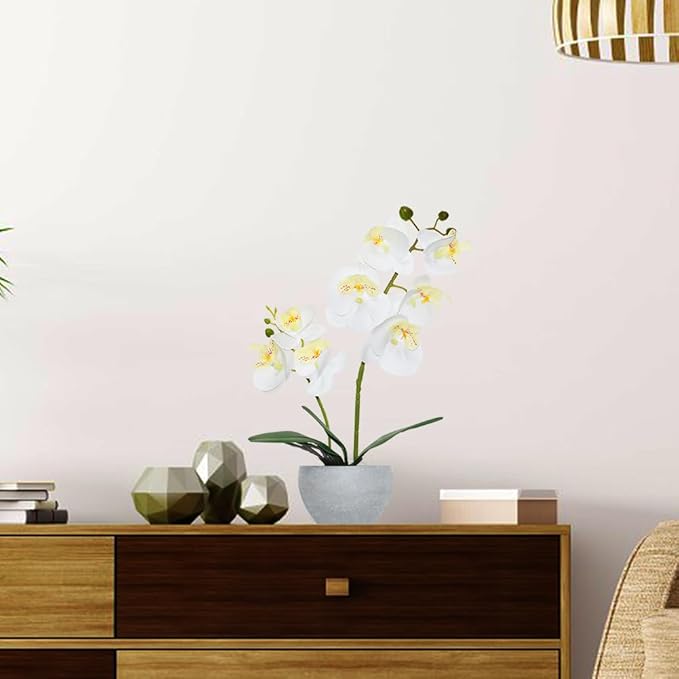 White Orchid Artificial Flowers 2 Stems in Grey Pot, Potted Faux Orchid Flower for Home Bathroom Table Living Room Office Kitchen Decor