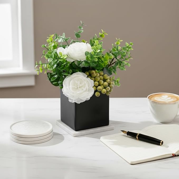 LADADA Artificial White Peony Flowers with Eucalyptus and Green Berries in Black Square Vase - Fake Floral Arrangement for Home Decor, Table Centerpiece, Bathroom, Office, Wedding, Minimalist Decor