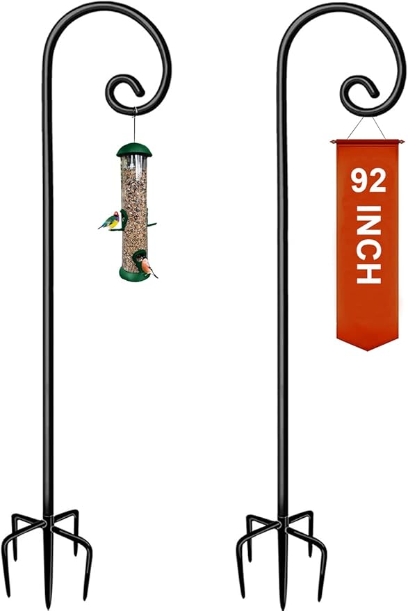 Koutemie 92 Inch Outdoor Shepherd Hook for Hanging Plant, Adjustable Heavy Duty Bird Feeder Pole with 5 Prong Base for Solar Lanterns, Black & 2 Packs