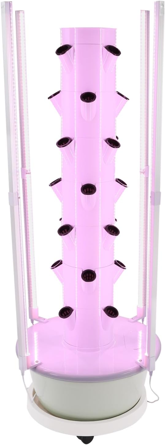 Growing Tower, 28-Plant Hydroponic Indoor Vertical Garden Kit with LED Lighting and 24-Hour Cycle Timer, Hydroponics Growing Tower for Gardens, Farms, School Research Rooms (White and Light Green)