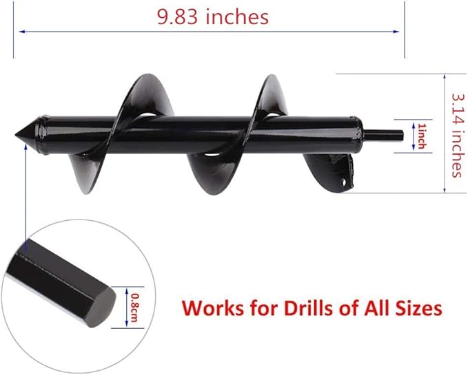 Garden Auger Drill Bit, Durable Spiral Drill Bits Post Hole Digger Drills Bit for Tulips, Iris, Bedding Plants and Digging Weeds Roots - Non-Slip 8x25cm HEX Shaft Auger (Black)