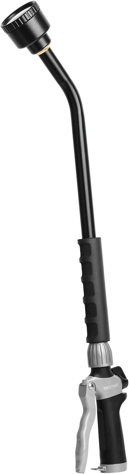 RESTMO Heavy Duty Full Metal Long Watering Wand, 24 Inches Gentle Soft Full Shower Sprayer Wand with Flow Control, Hose Wand for Hanging Baskets, Shrubs, Plants, Flowers, Garden and Lawn, Flash Black