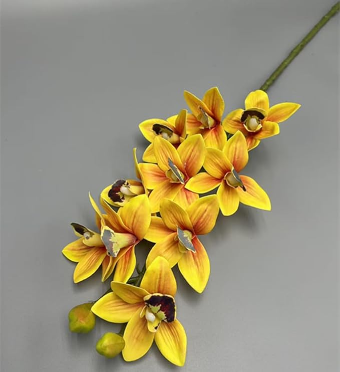 4pcs Artificial Cymbidium Orchid Flower Plant 3D Print Vanda 10 Heads Latex Phalaenopsis Flower (Black Heart Yellow)