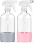 Worldgsb 2 Pack Glass Spray Bottles with Silicone Sleeve, 16 oz Empty Refillable Containers with Adjustable Spray Nozzles, Spray Bottles for Hair, Cleaning Solutions and Plants Pink&Grey