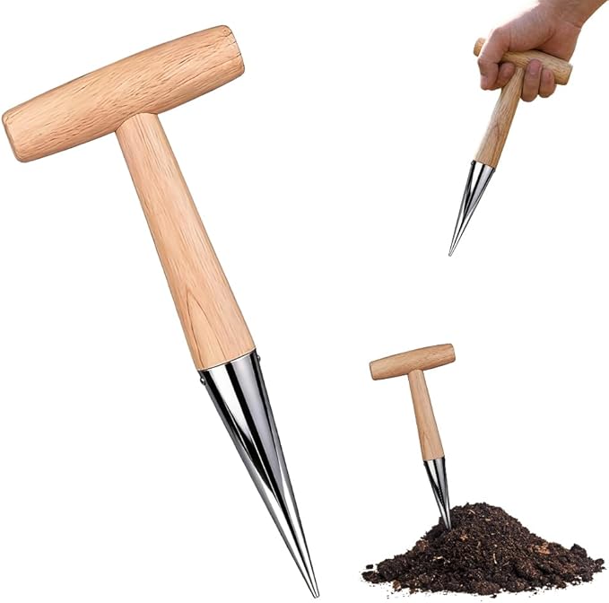 Hand Dibber Seed Dibber, Hand Dibber Garden Tool Bulb Planter Tool with Wooden Handle, Seed Planting Tool Plant Hole Digger for Garden Seeds Bulbs Flowers Tulips Daffodils Vegetables (1pc)
