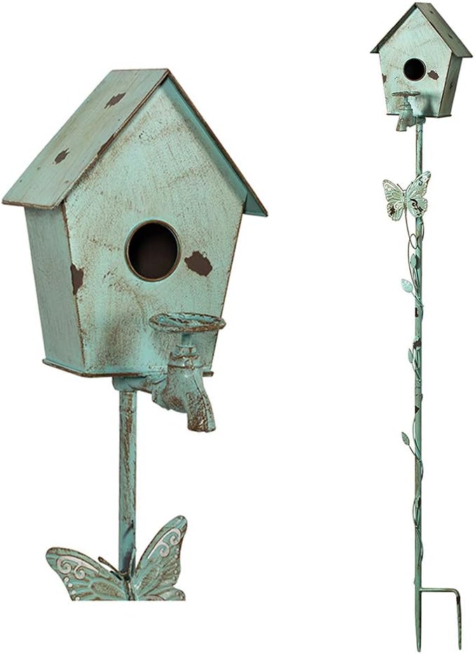 Bird Houses for Outside with Pole Metal Birdhouse Stakes Decorative Outdoor, Reclaimed Faucet Accent (Teal, 52")