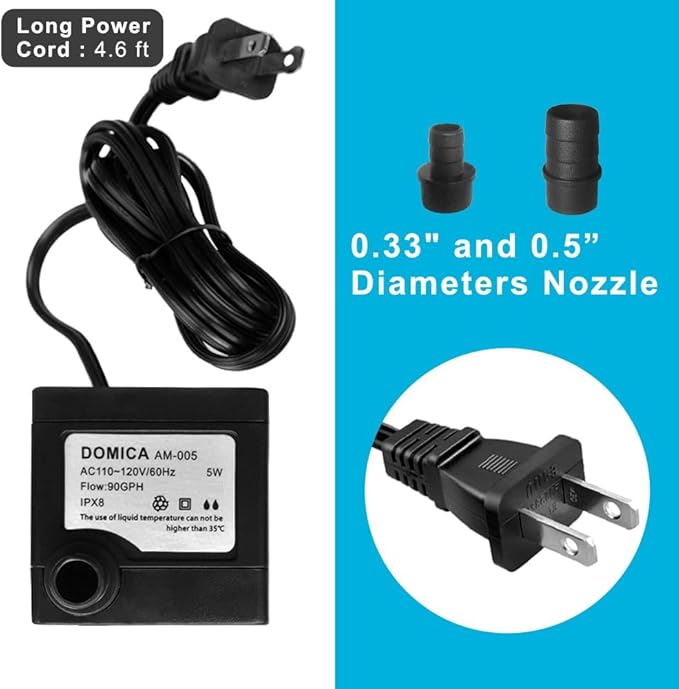 90 GPH Mini Submersible Pump, Small Fountain Pump (5W 350L/H) for water feature, Aquariums, Fish Tank, Tabletop Fountain, Pet Fountain, Indoor or Outdoor Pond Fountain (AC Powered)