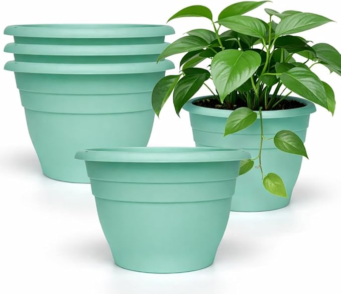 5 Pack 10 Inch Plant Pots for Indoor Outdoor,Plastic Floor Planters with Drainage Holes,Lightweight Flower Pots for Home,Patio & Garden(Blue)