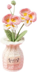 Crochet Moth Orchid Vase, Eternal Finished Hand Woven Artificial Mini Flowers Pot Decoration for Home Office Kitchen Living Room Table Bedroom Creative Women Girls Gift (Pink)