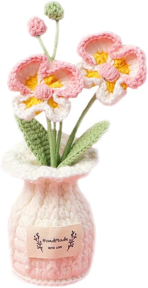Crochet Moth Orchid Vase, Eternal Finished Hand Woven Artificial Mini Flowers Pot Decoration for Home Office Kitchen Living Room Table Bedroom Creative Women Girls Gift (Pink)