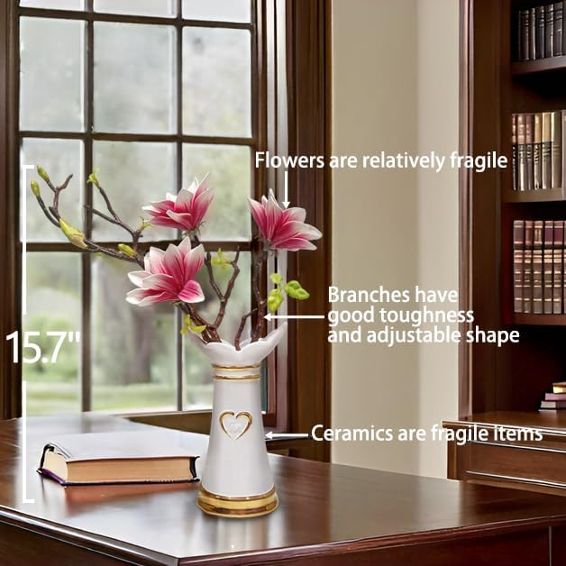 LoveLin Artificial Flowers Pink with Ceramic Vase - Ready-to-Display Home Decor Indoor for Living Room, Dining Table, Office, Wedding & Housewarming, Magnolia Flower & White Vase