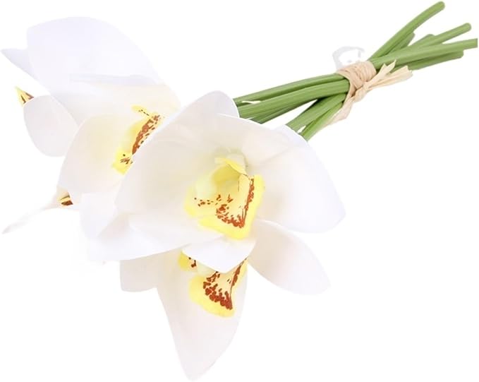 2 Bunches of Simulated Hand-Feel Cymbidium Orchid Small Bunches of 6 Tied Hand-Tied Flowers for Home Living Room Dining Table Decoration Artificial Flowers (Milk White)