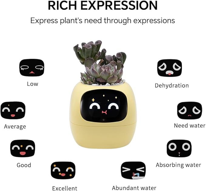Smart Plant Pot with Expression, AI Intelligent Flower Pot for Indoor Decoration, Smart Garden Pot with Water/Light/Temperature Sensors, Ivy AI Planter ((Yellow)