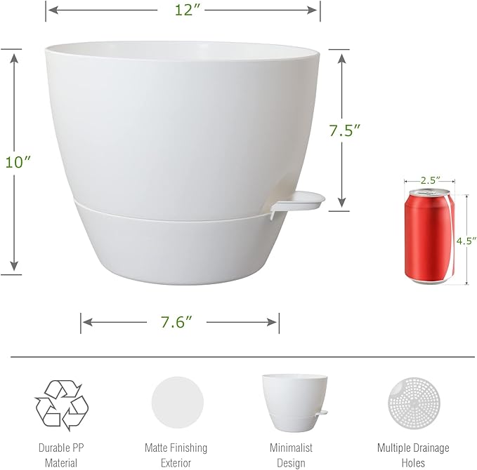 UOUZ 12inch Self Watering Pots, Plastic Planters with Mesh Drainage Holes and Deep Reservoir for Indoor Outdoor Garden Plants and Flowers, White