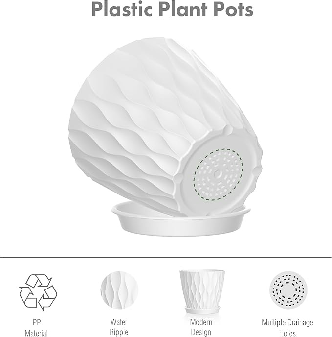 Meowell 6 inch Flower Pots, 5 Pack Plant Pots for Indoor Outdoor Plants, Water Ripples Plastic Planters with Drainage Holes and Saucers, Nursery Pots for Small Succulent Garden House Plants, White