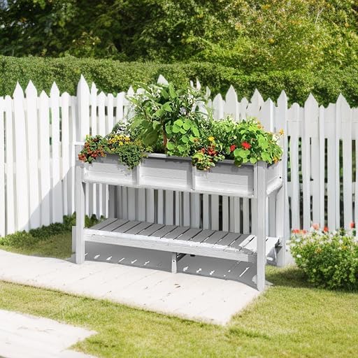 DWVO 48x18x30in Raised Garden Bed HDPE, Poly Wood Planter Box Stand,Weather-Resistant Planter Box with Legs & Storage Shelf, Elevated Garden Bed for Backyard, Patio, Balcony, White