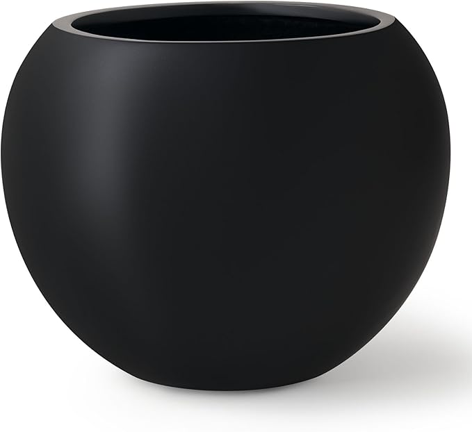 16" H x 20" D Premium Globo Fiberstone Round Planter with Drainage Hole, Smooth Finishes, Weather Resistant for Indoor and Outdoor Use, Included 2 Extra Coco Mats (Black, 13.5" Pot Opening)