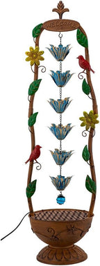 40" Vintage Metal Floor Water Fountain - Soothing Waterfall Outdoor Fountains with 6 Hanging Cups for Garden Patio Backyard Deck Decor, 1108 - Copper Birds & Flower