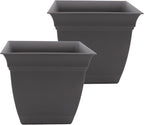 The HC Companies 12 Inch Eclipse Square Planter Pots with Drainage Holes & Attached Saucer, Lightweight UV-Resistant Plastic Indoor Outdoor Planters, 2-Pack Flower Pots, Garden Home Decor, Warm Gray
