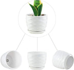 sietpoek Plant Pots - 4.7 Inch Cylinder Ceramic Planters with Connected Saucer, Pots for Succuelnt and Little Snake Plants, Set of 4, White