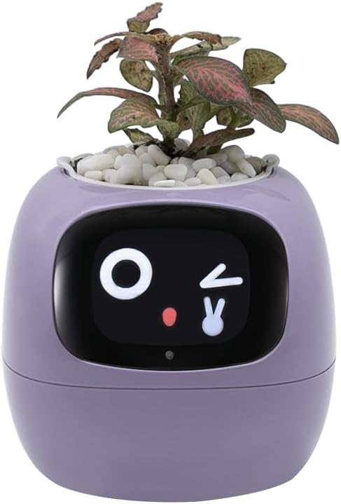 Smart Plant Pot with Expression, AI Intelligent Flower Pot for Indoor Decoration, Smart Garden Pot with Water/Light/Temperature Sensors, Ivy AI Planter (Purple)