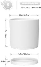 WSMKSZ 8 Inch Cylinder Plant Pots for Indoor Outdoor Plants, Medium Deep Flower Pots with Drainage Holes & Saucer, Decorative Plastic Planter Pots for Garden House Plants, White