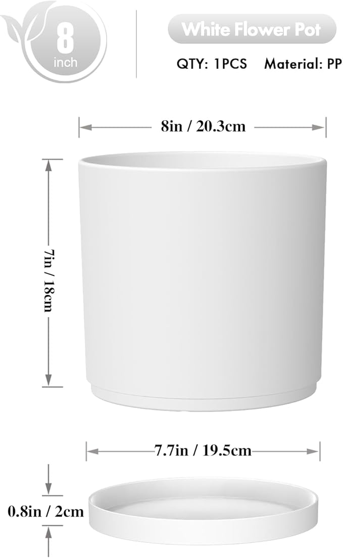 WSMKSZ 8 Inch Cylinder Plant Pots for Indoor Outdoor Plants, Medium Deep Flower Pots with Drainage Holes & Saucer, Decorative Plastic Planter Pots for Garden House Plants, White
