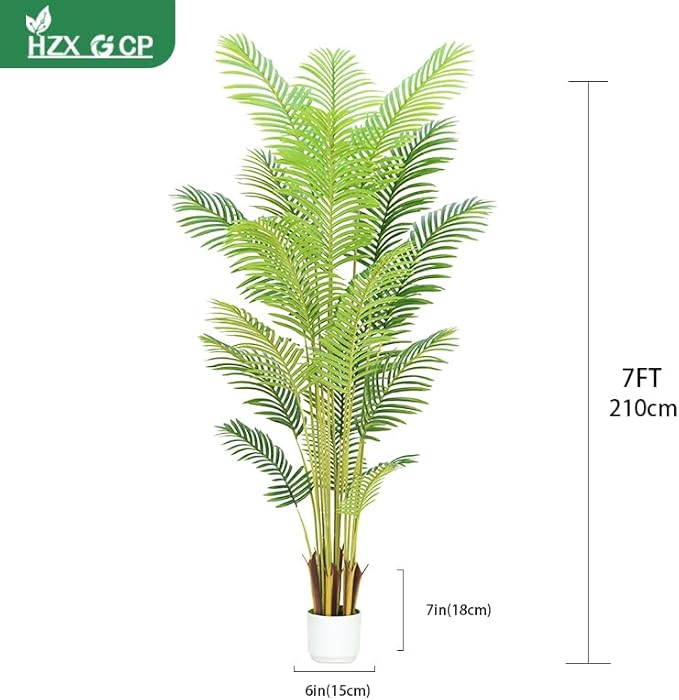 7FT Artificial Palm Tree Indoor with White Pot, Realistic Leaves, 18 Trunks Adjustable Branches, Tall Faux Fake Palm Plant, Ideal for Living Room Bedroom Office Home Interior Aesthetic Decor