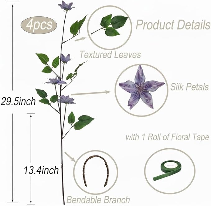 4pcs Blue Purple Artificial Clematis Flower Branches Greenery Stems, 29.5" Long Stem Realistic Silk Faux Flower Plants for Vase, Home Wedding Office Table Centerpiece Decor