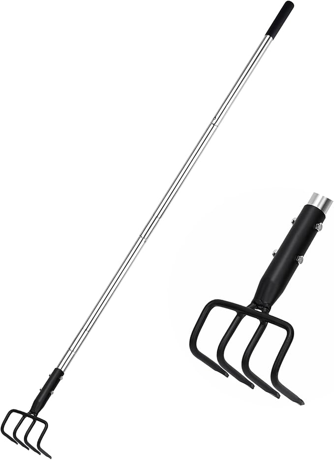 BARAYSTUS Long Hand Cultivator, Carbon Steel & Stainless Steel Tiller Cultivator, Garden Cultivator with Telescopic Handle and Soft Handle Cover, Hand Tiller for Digging Loosening Weeding