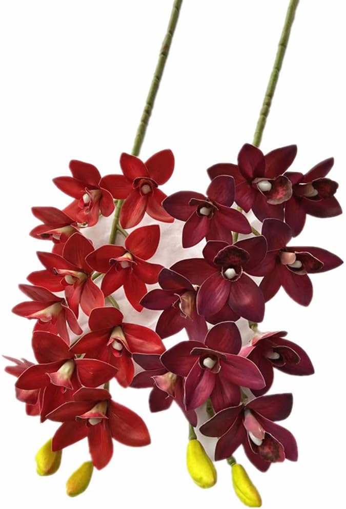 4pcs Artificial Cymbidium Orchid Flower Plant 3D Print Vanda 10 Heads Latex Phalaenopsis Flower (Dark red)